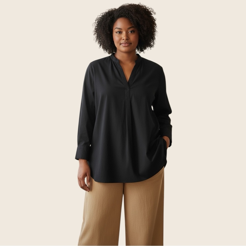 EShakti Black Cotton Poplin Popover Tunic Shirt Size XL/16 Long Sleeve Like New